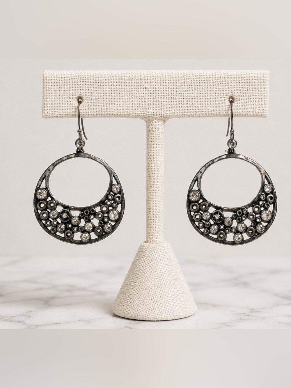 Vintage Gunmetal Hoop Earrings Clear Rhinestone Open Circle Dangle Boho Statemen